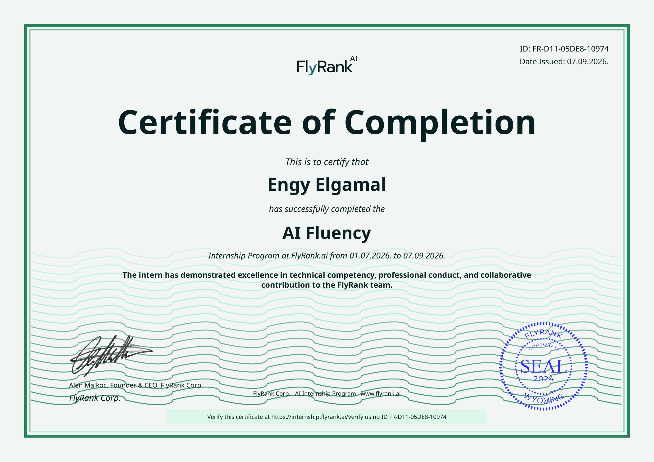 FlyRank AI Fluency Internship Program Certificate